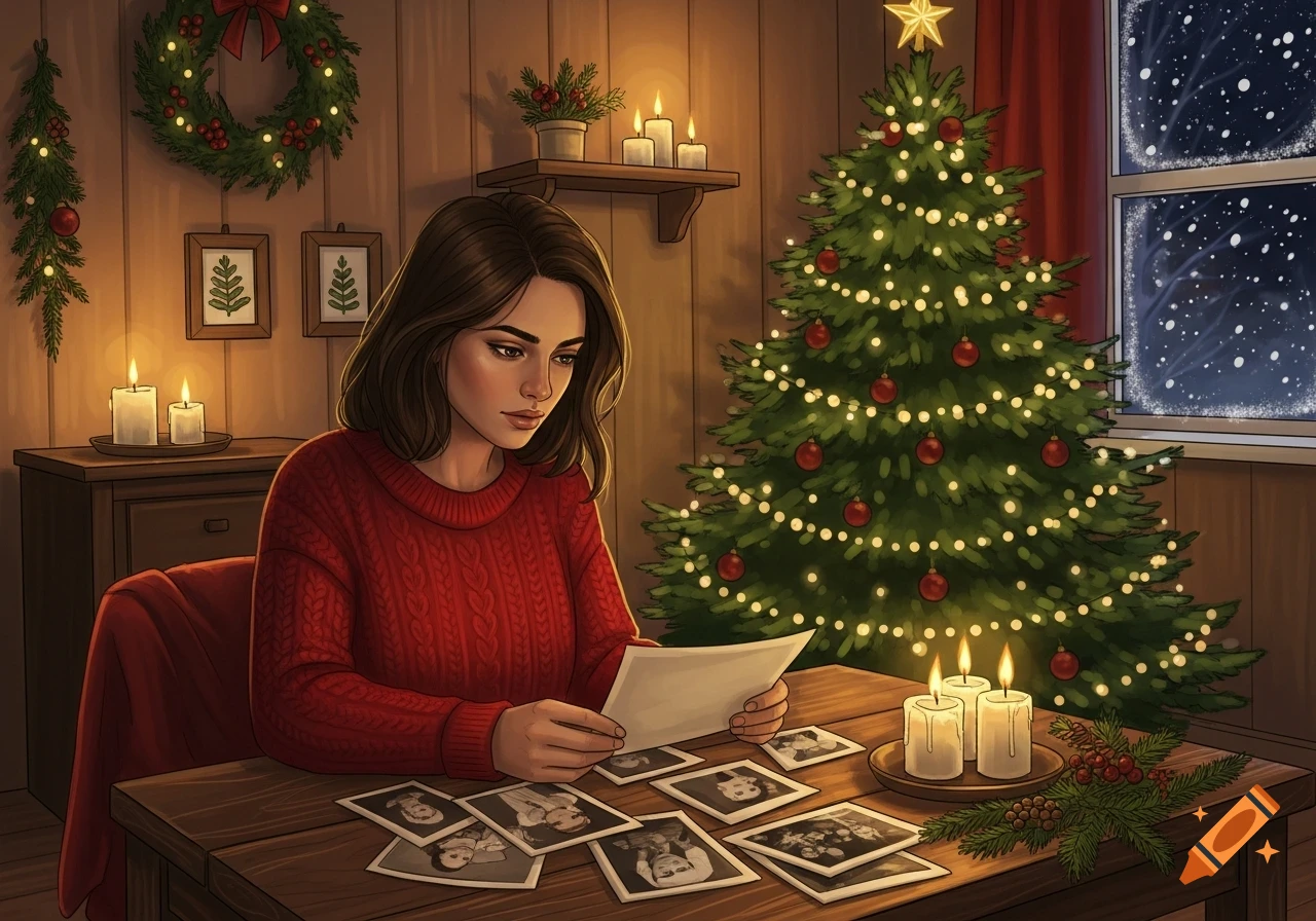 An illustrated woman in a red sweater looks at old photographs at a table in a cozy Christmas-decorated room.