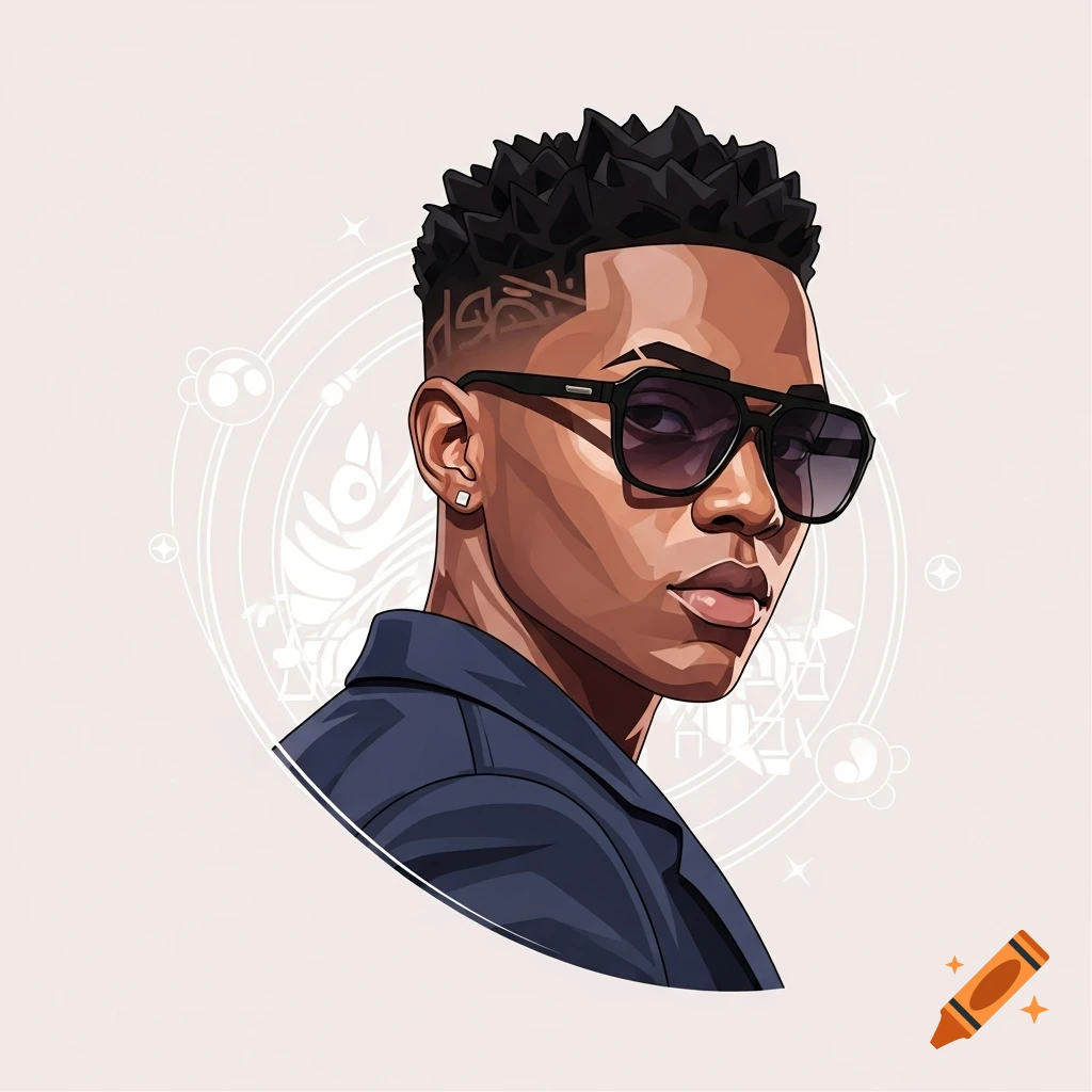 A stylized vector art portrait of a young man with dark skin, spiky hair with shaved designs, dark sunglasses, and a blue jacket, against a light background with faint circular patterns.