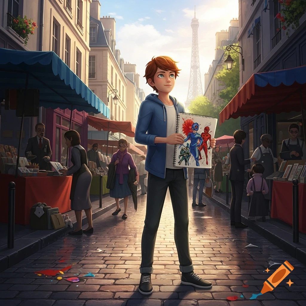 A cartoon boy holds a sketchbook with superhero drawings in a Parisian street market with the Eiffel Tower in the background.
