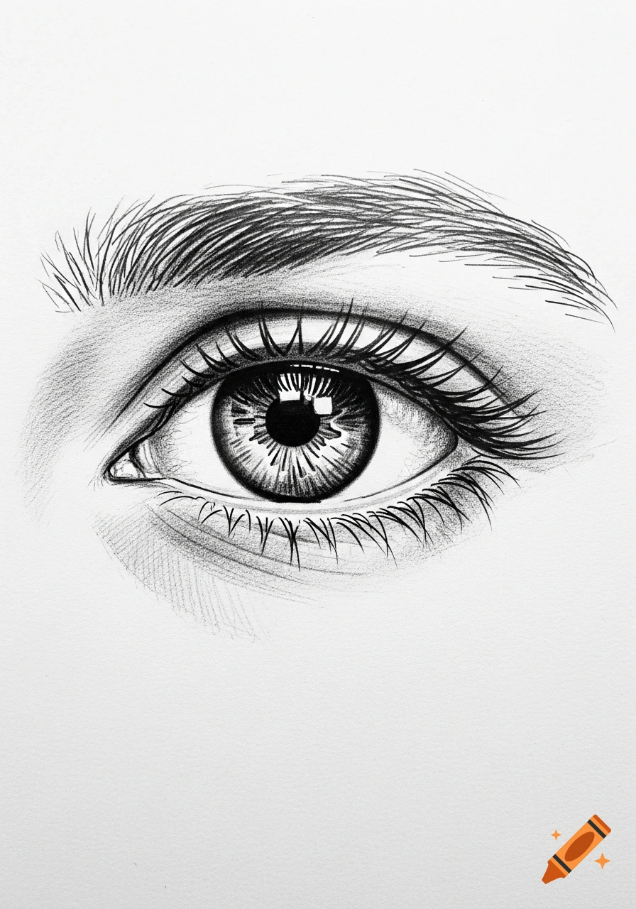 Detailed black and white pencil sketch of a human eye with eyebrow and eyelashes on white paper.