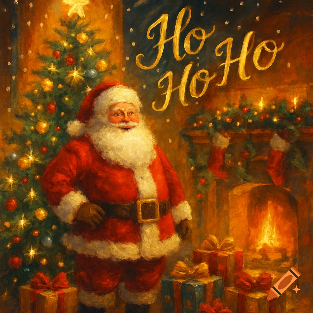 Painterly image of Santa Claus standing in a festive room with a decorated Christmas tree, presents, a fireplace, and 'Ho Ho Ho' text.