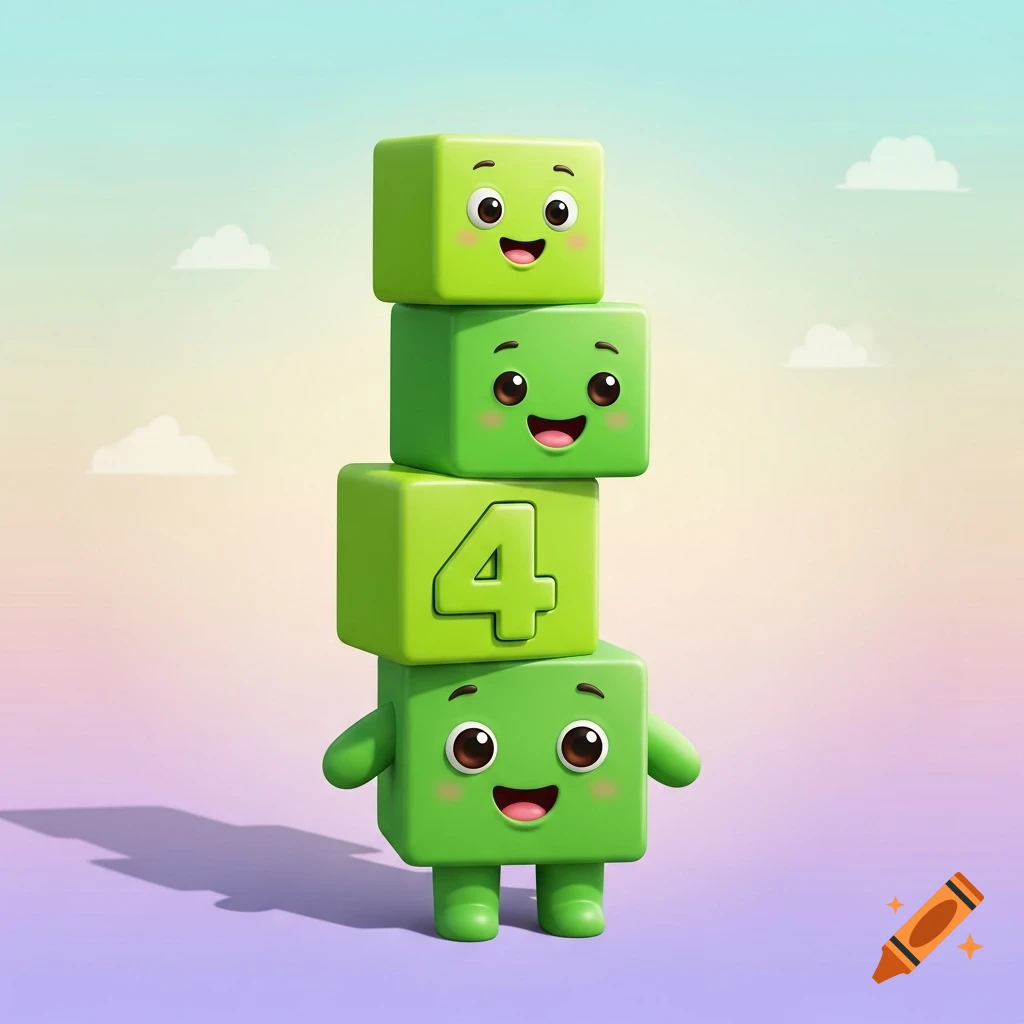 Four stacked green cartoon blocks, three with smiling faces, one with the number 4, and the bottom block with arms and legs, against a pastel sky.