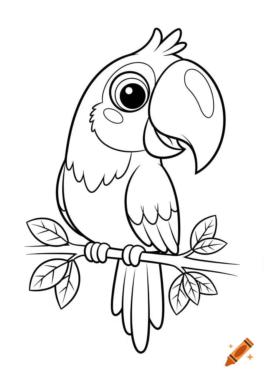 A cute cartoon parrot perches on a branch with leaves, depicted in a black and white outline style for coloring.