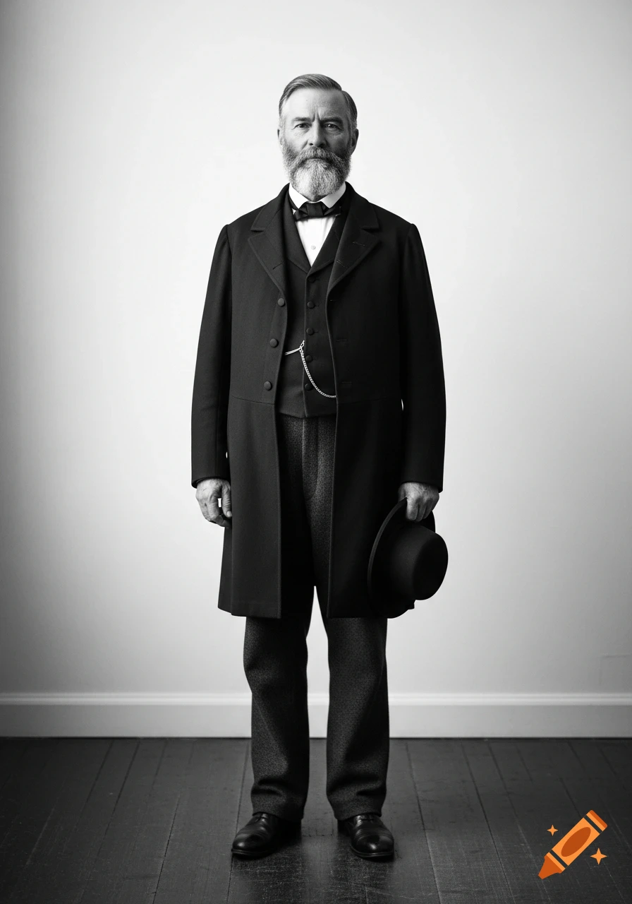 Black and white photorealistic portrait of a serious 60-year-old man in a 19th-century three-piece suit, holding a hat.