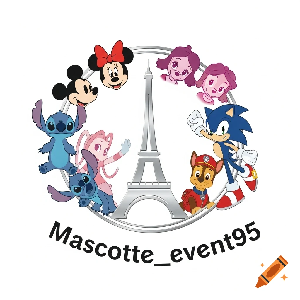 Circular logo featuring Mickey Mouse, Minnie Mouse, Stitch, Angel, Chase, Stella, and Sonic surrounding the Eiffel Tower, with 'Mascotte_event95' text below.
