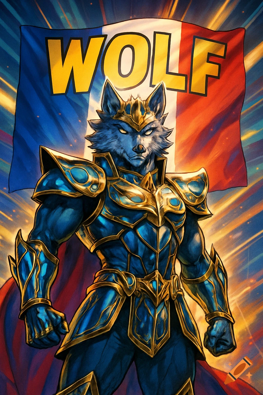 A proud anthropomorphic wolf warrior in blue and gold armor stands before a French flag with "WOLF" written on it in a comic book style.