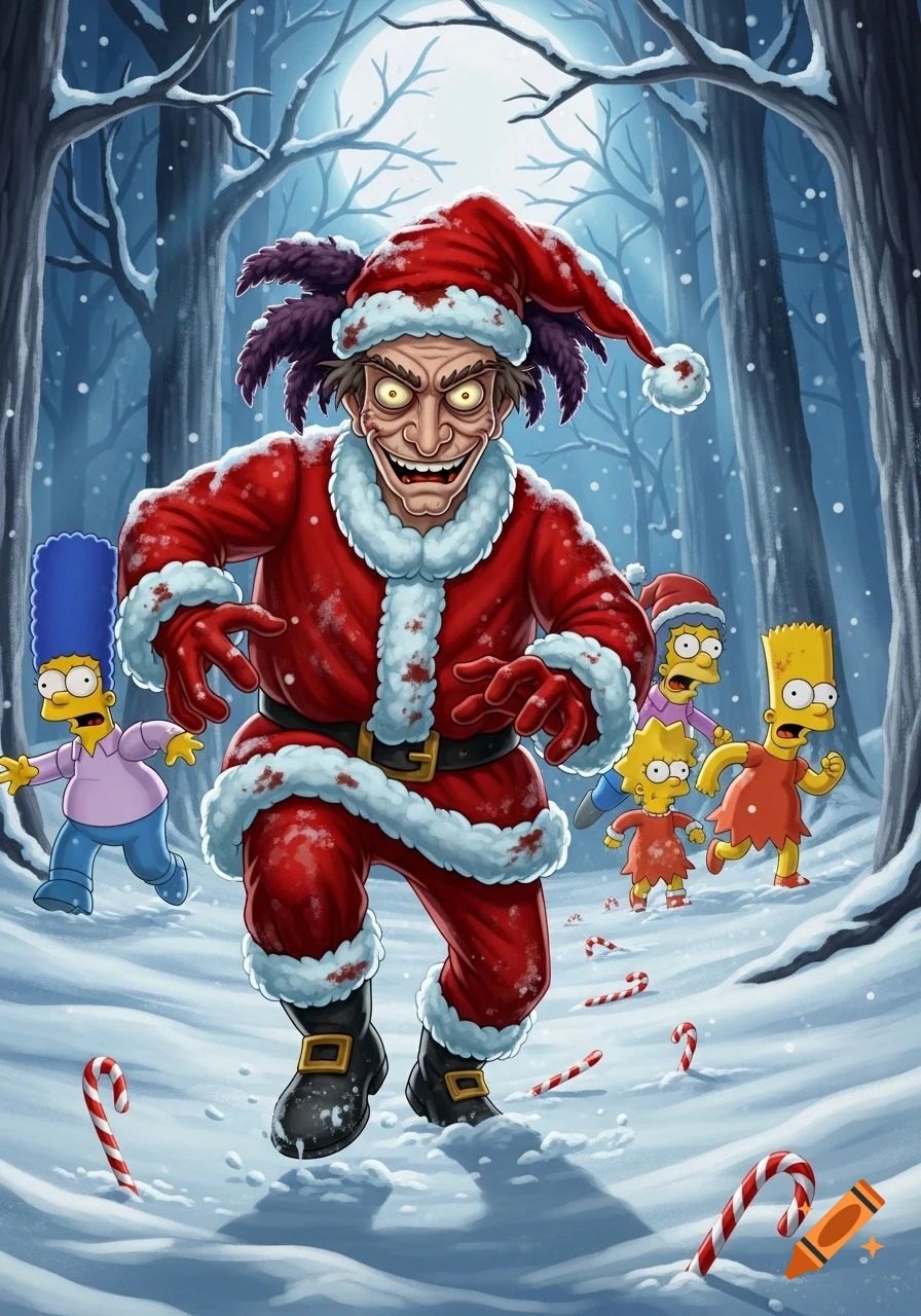 Sideshow Bob as a bloody Santa chases Marge, Lisa, and Bart Simpson through a snowy forest, with candy canes on the ground.