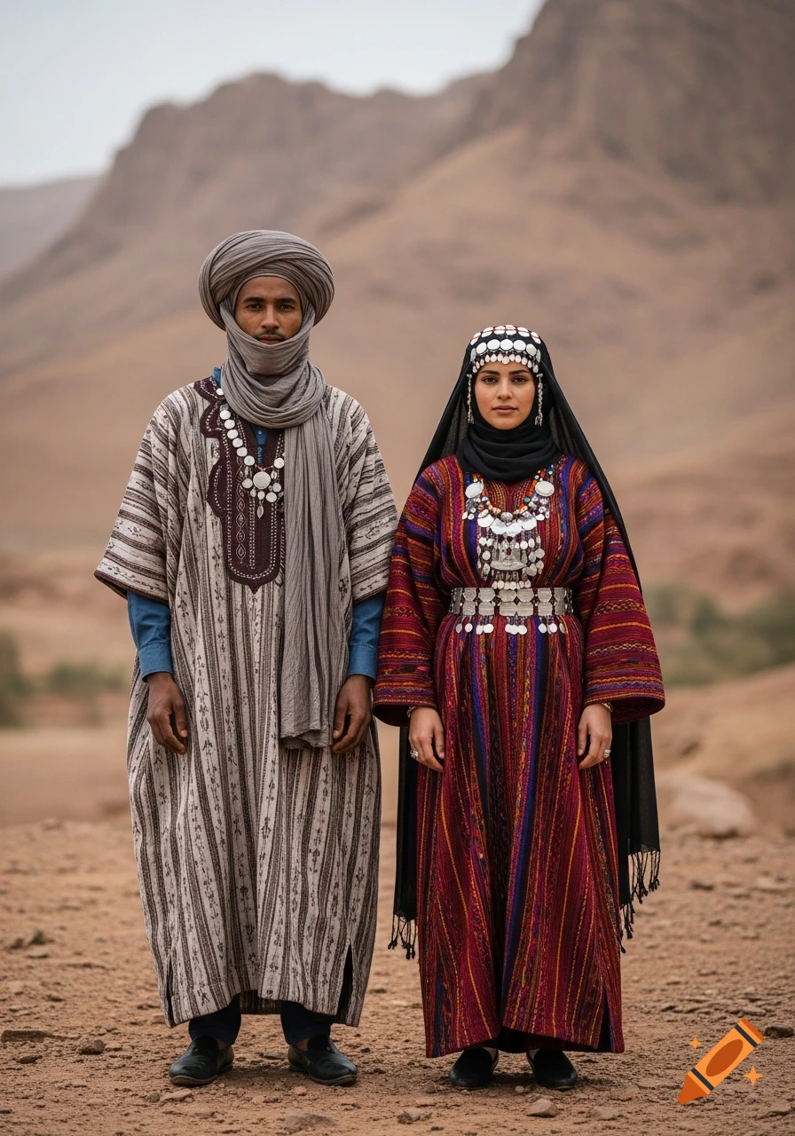 A man and woman in traditional Amazigh clothing with elaborate jewelry stand in a desert landscape.