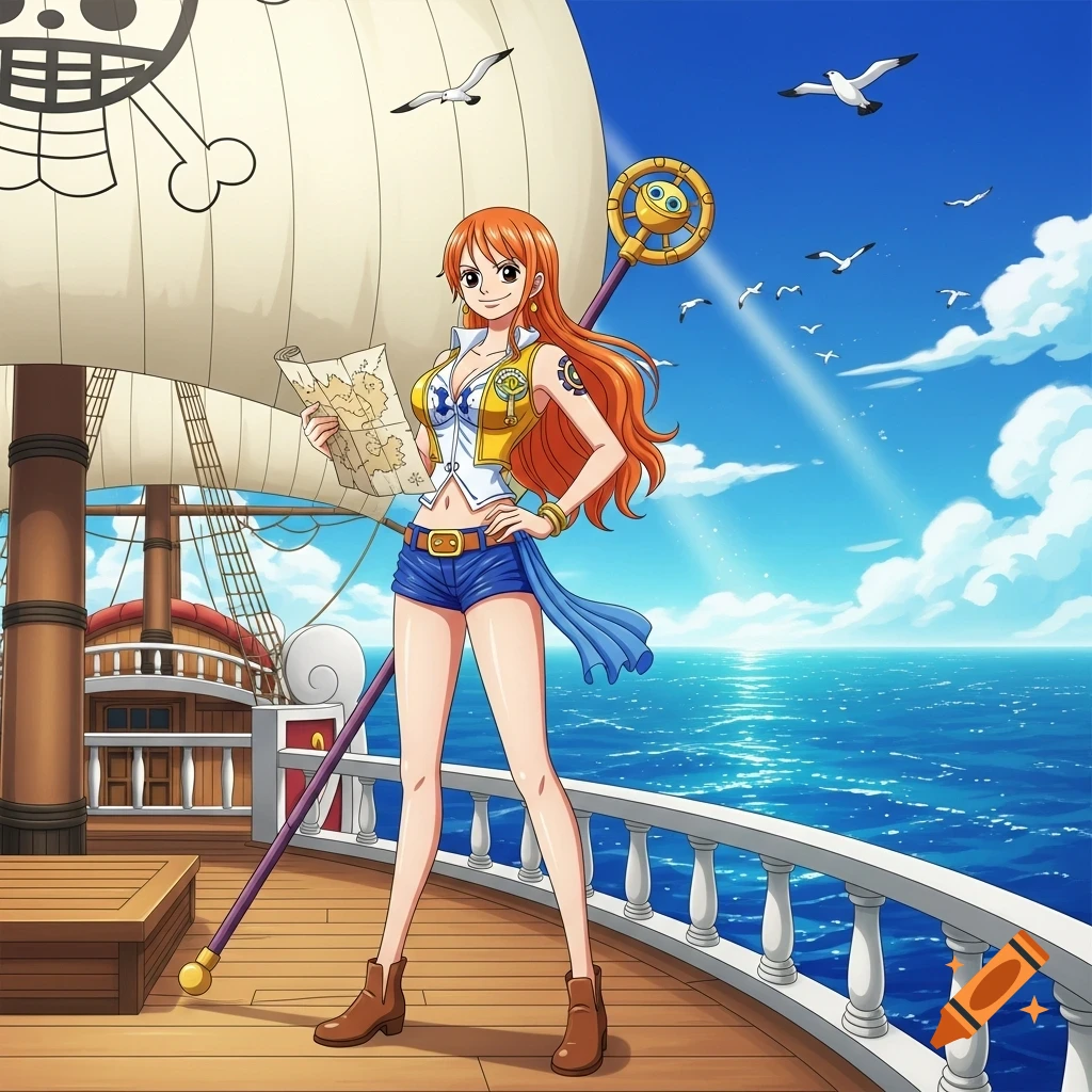 Anime character Nami from One Piece stands on a ship's deck, holding a map, with a sunny ocean background.