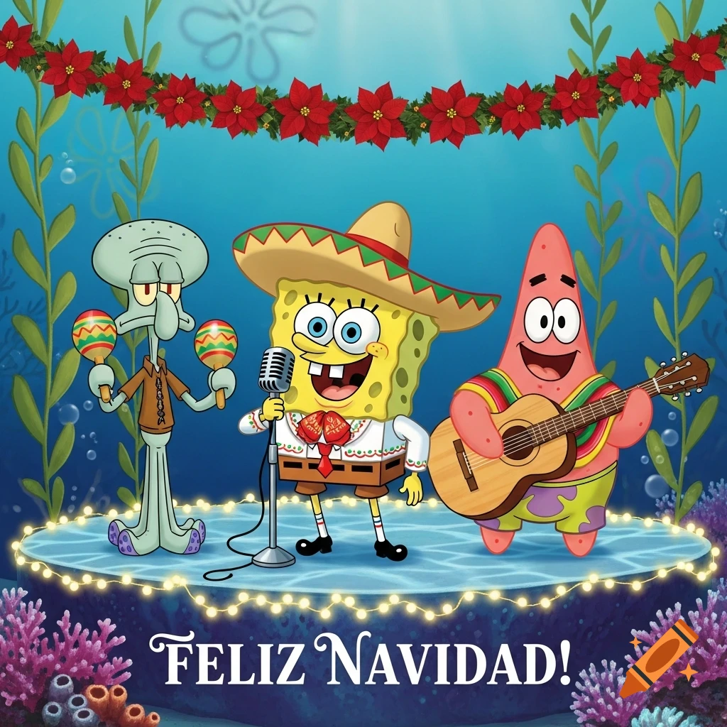 SpongeBob, Patrick, and Squidward as a mariachi band performing underwater with Christmas decorations and 'Feliz Navidad!' text.
