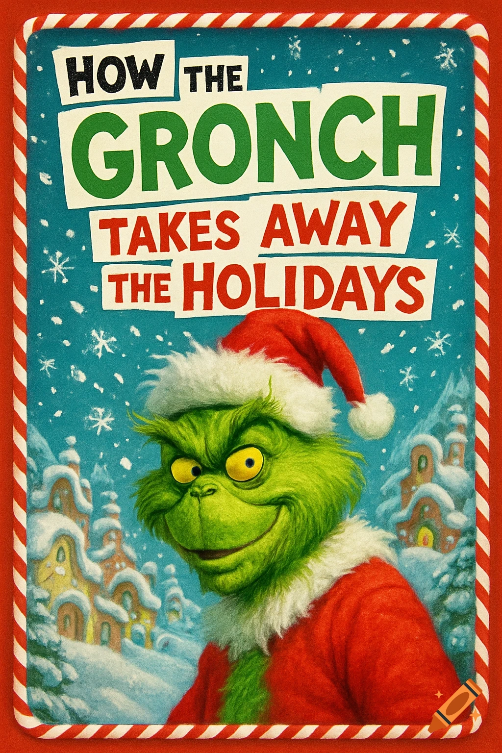 A vintage-style poster features the green character 'The Gronch' in a Santa suit, smiling amidst a snowy village. Text reads 'How The Gronch Takes Away The Holidays'.