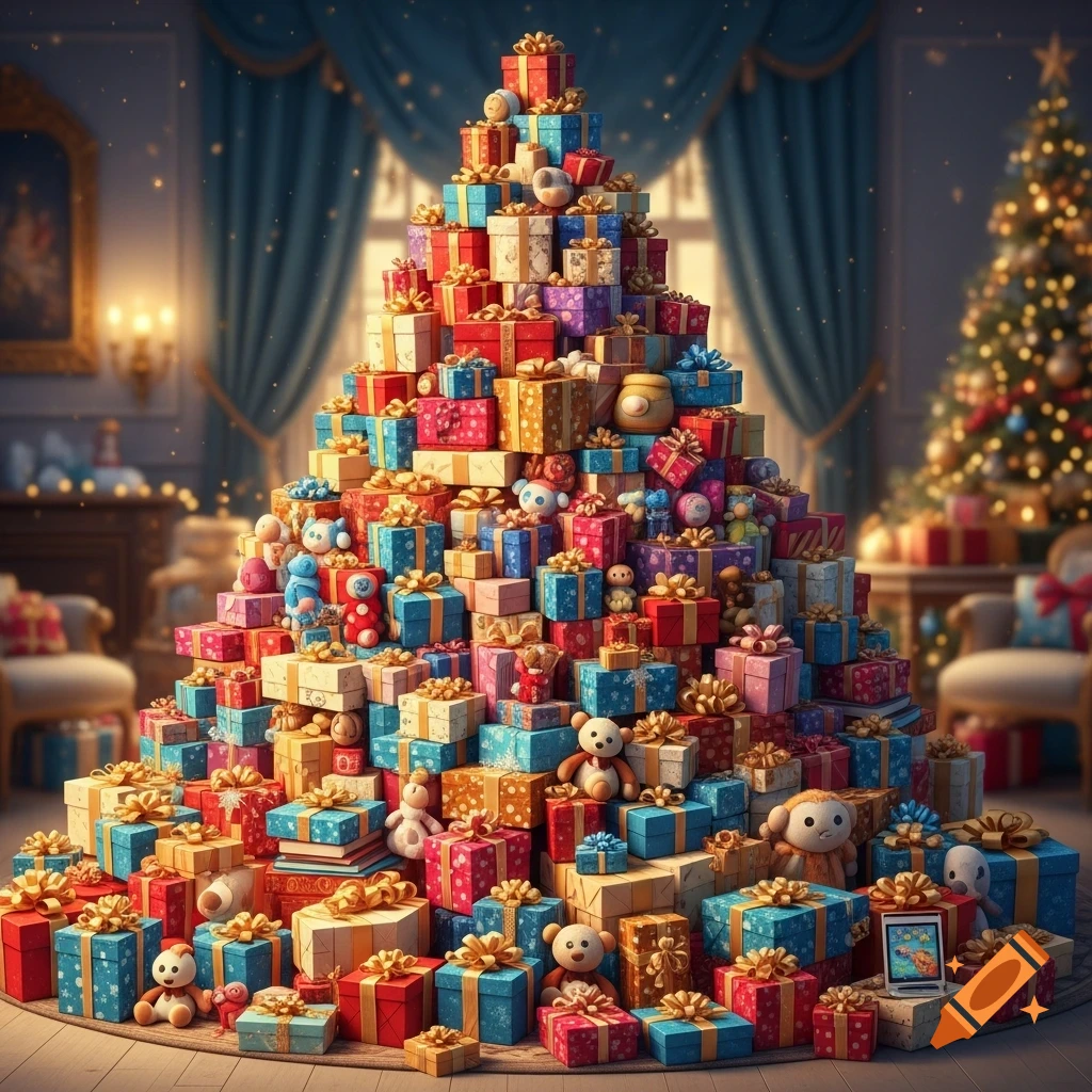 A giant mound of colorful Christmas presents and plush toys piled high in a festive, decorated room with a sparkling Christmas tree.