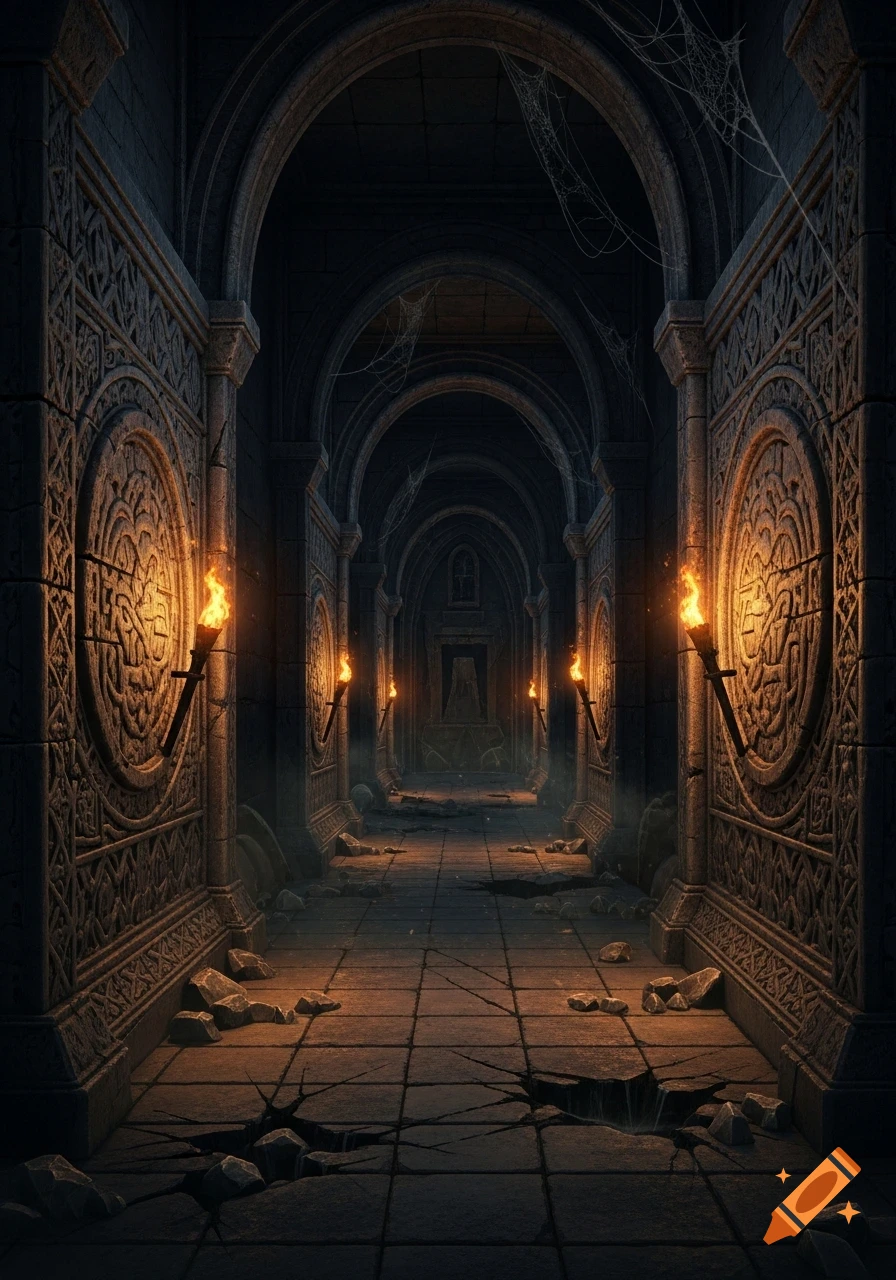 A dark, ancient stone crypt hallway with intricate carvings on the walls, illuminated by glowing torches, showing cracked floors and cobwebs in the arched ceilings.