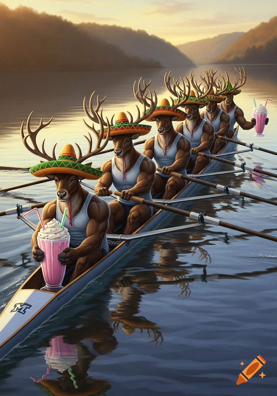 Strong anthropomorphic reindeer wearing sombreros row a crew boat on a lake, each holding a pink milkshake.
