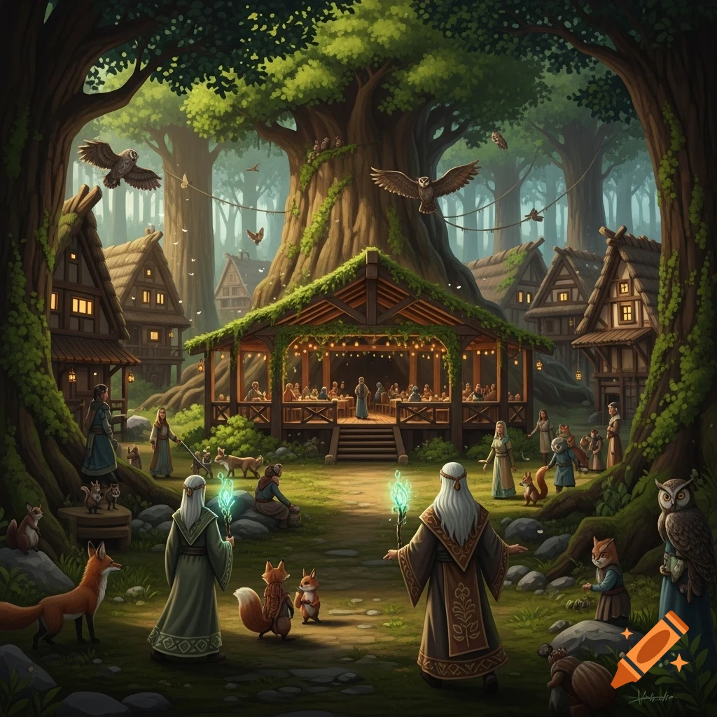 A fantasy forest village with an open-air pavilion where people dine, surrounded by large trees, small homes, druids with glowing staves, and forest animals like foxes and owls.