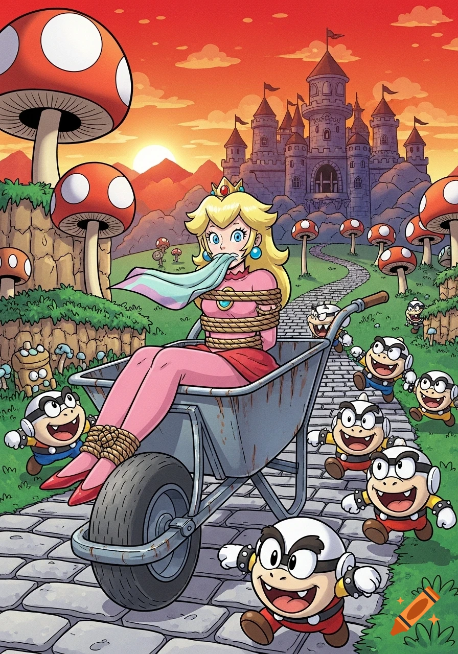 Cartoon of Princess Peach tied up and gagged in a wheelbarrow, pushed by Bowser's minions towards a castle at sunset.