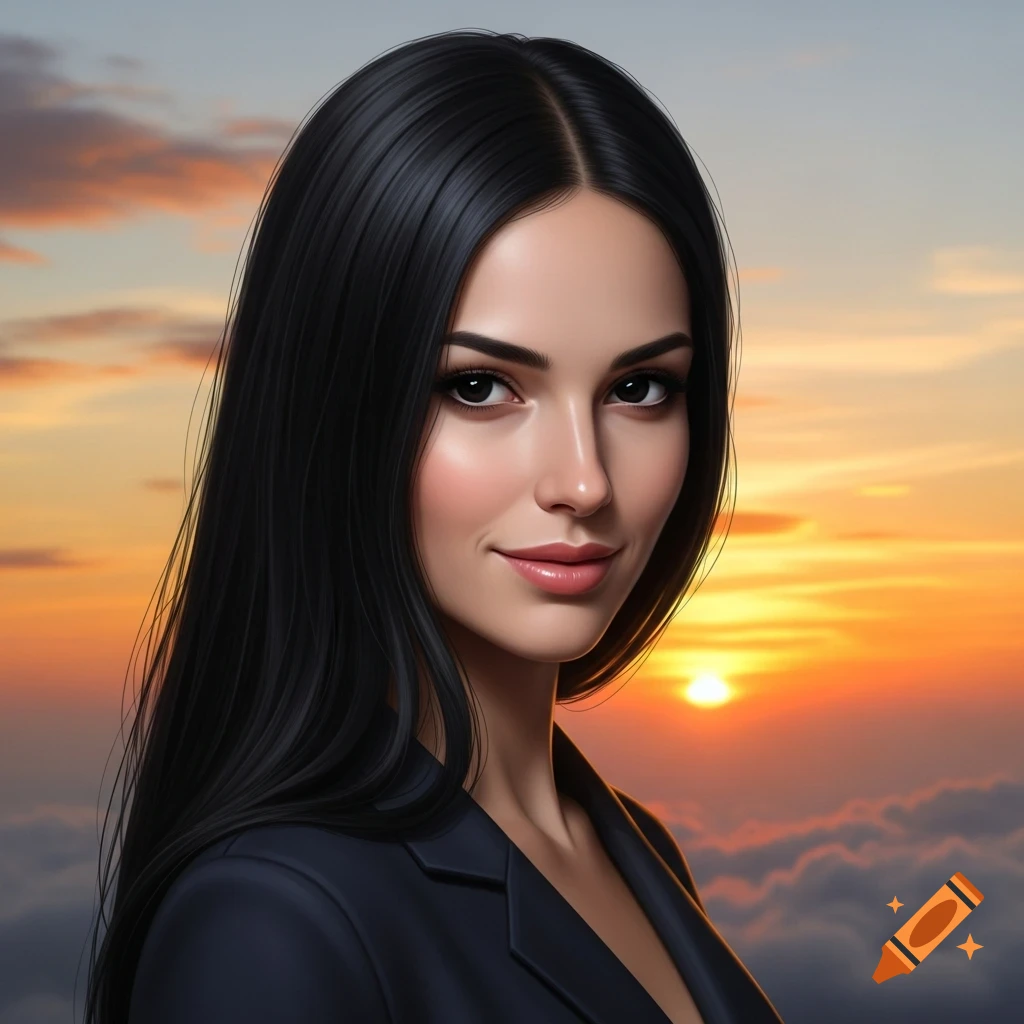 Photorealistic portrait of a smiling woman with long black hair and black eyes, set against a vibrant sunset sky with clouds.