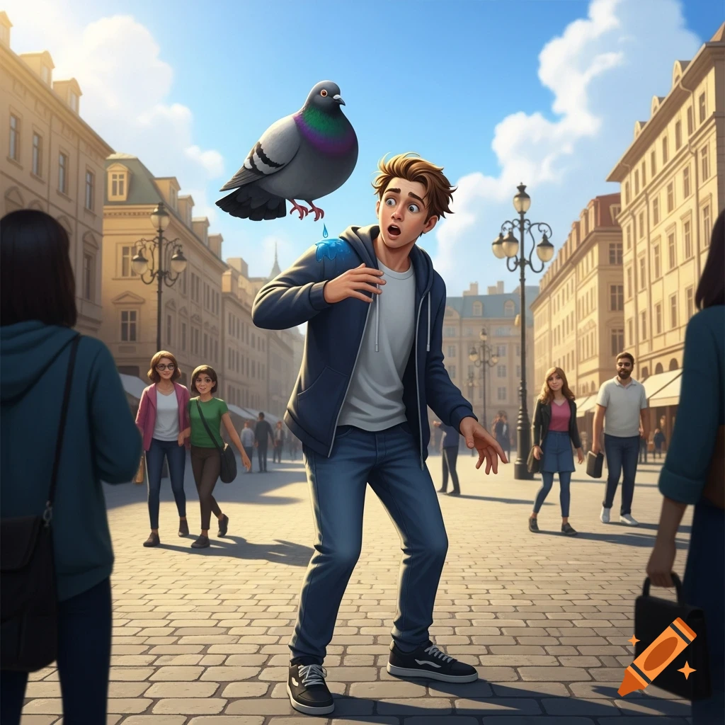 A shocked young man on a city street has just been pooped on by a pigeon flying above him, in a vibrant cartoon style.