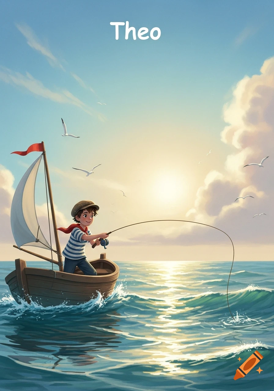 A cheerful illustrated boy named Theo fishes from a small sailboat on a calm, sunny ocean with seagulls flying overhead.