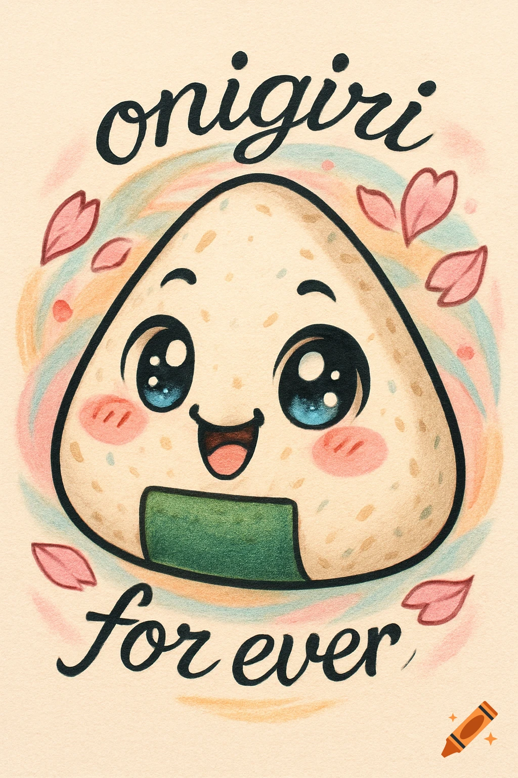 Kawaii cartoon onigiri with big sparkling eyes, blushing, and smiling, surrounded by pink petals and colorful swirls. Text 'onigiri' and 'for ever' in a colored pencil style.