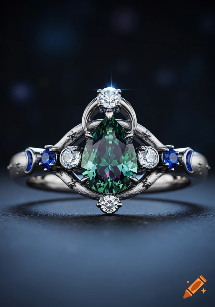 A close-up, hyper-realistic render of an intricate silver ring with a pear-cut alexandrite center stone, blue sapphires, and white accent stones. The band features subtle engraved crescent moons and stars, all against a dark, moody background with cool light reflections.