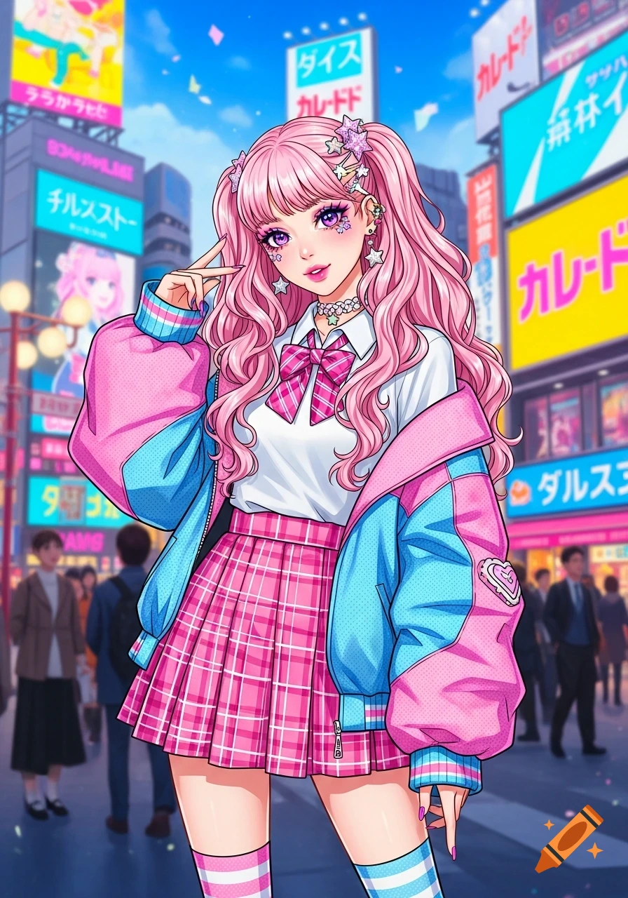 Pink-haired anime girl in a pink and blue jacket and plaid skirt, making a peace sign on a busy Japanese city street.