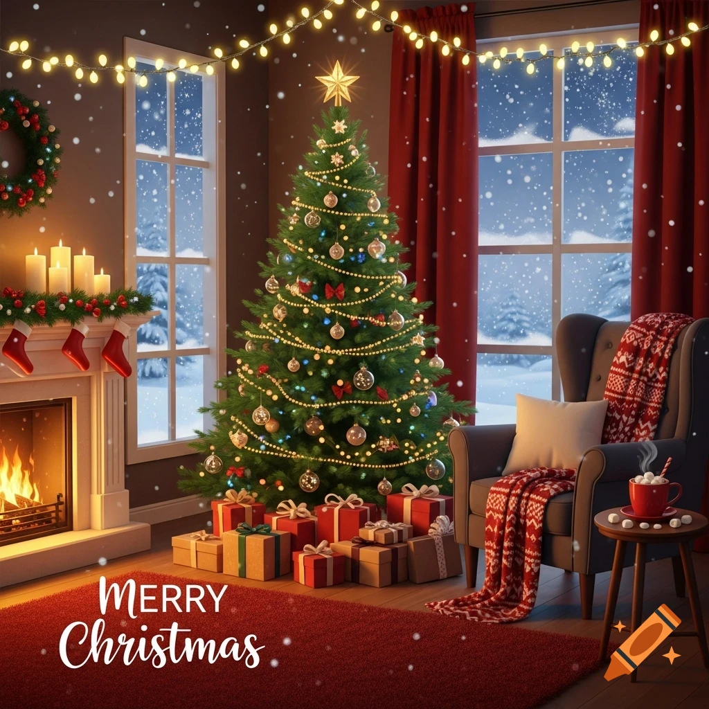 A cozy Christmas living room with a decorated tree, glowing fireplace, piled presents, and an armchair by a snowy window.