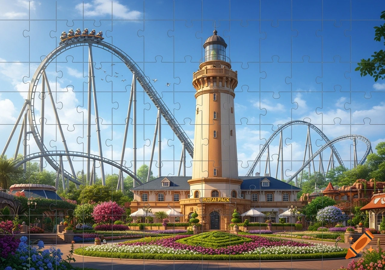 A theme park scene rendered as a puzzle, featuring a tall lighthouse, a large roller coaster, and colorful gardens.