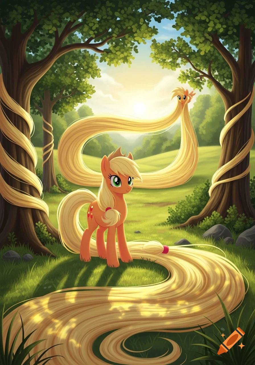 Cartoon pony Applejack in a sunny forest with her impossibly long, golden mane cascading across the ground and trees.
