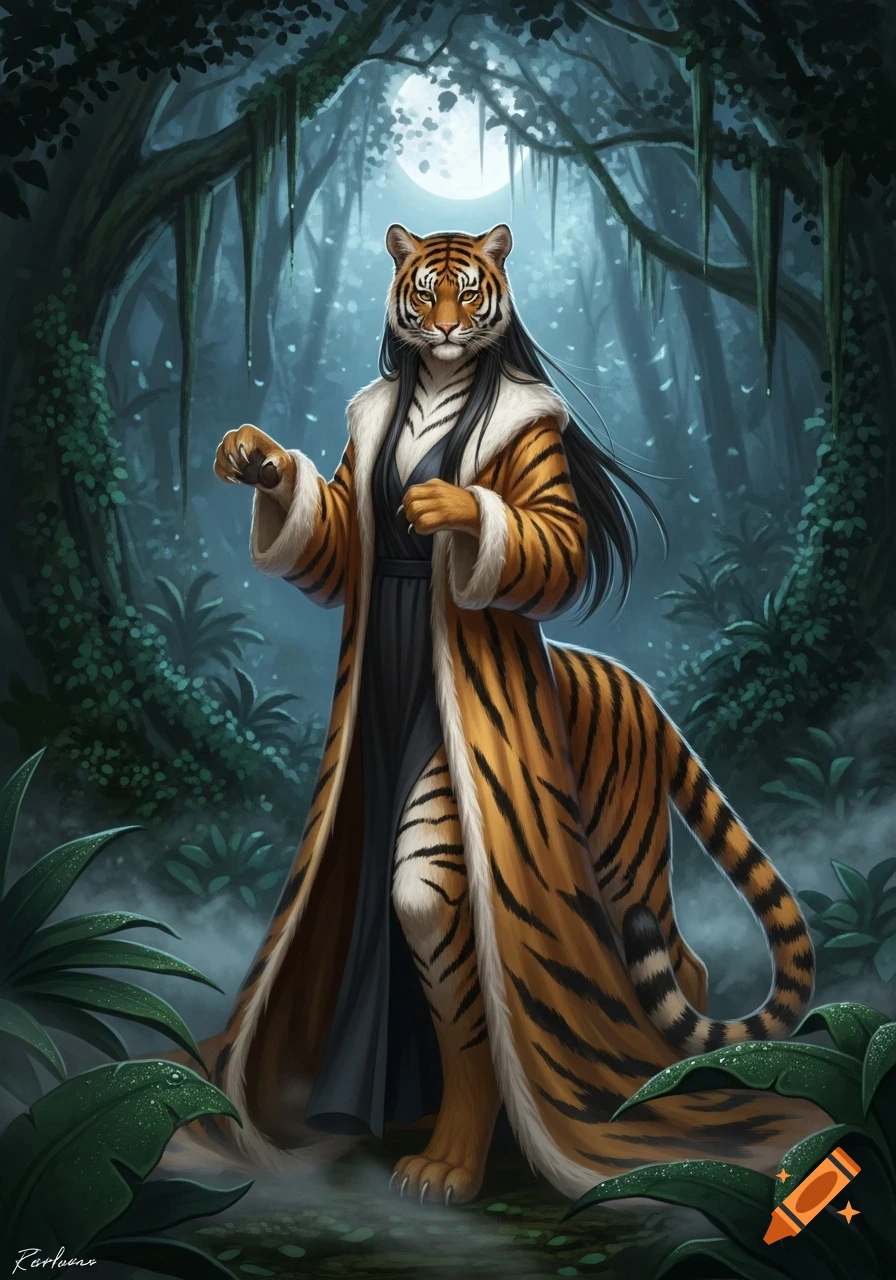 A majestic anthropomorphic tiger woman with long dark hair and a striped coat stands in a moonlit, misty jungle.