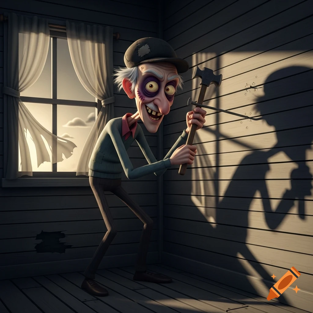 A thin, creepy cartoon old man with dark circles under his eyes, wearing a cap, hammering a wall in a dimly lit room.