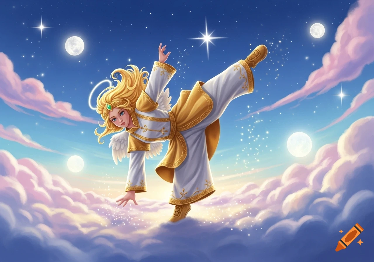 A blonde angel with white wings and a halo, dressed in gold and white, strikes a dynamic pose on fluffy clouds under a starry night sky with full moons.