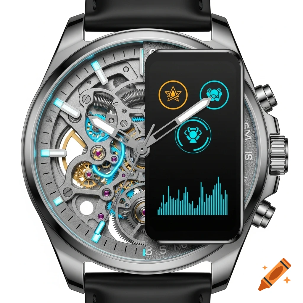 A close-up of a futuristic hybrid watch, with the left side featuring intricate mechanical gears with blue accents, and the right side showing a black smartwatch screen displaying app icons and a blue sound wave pattern.