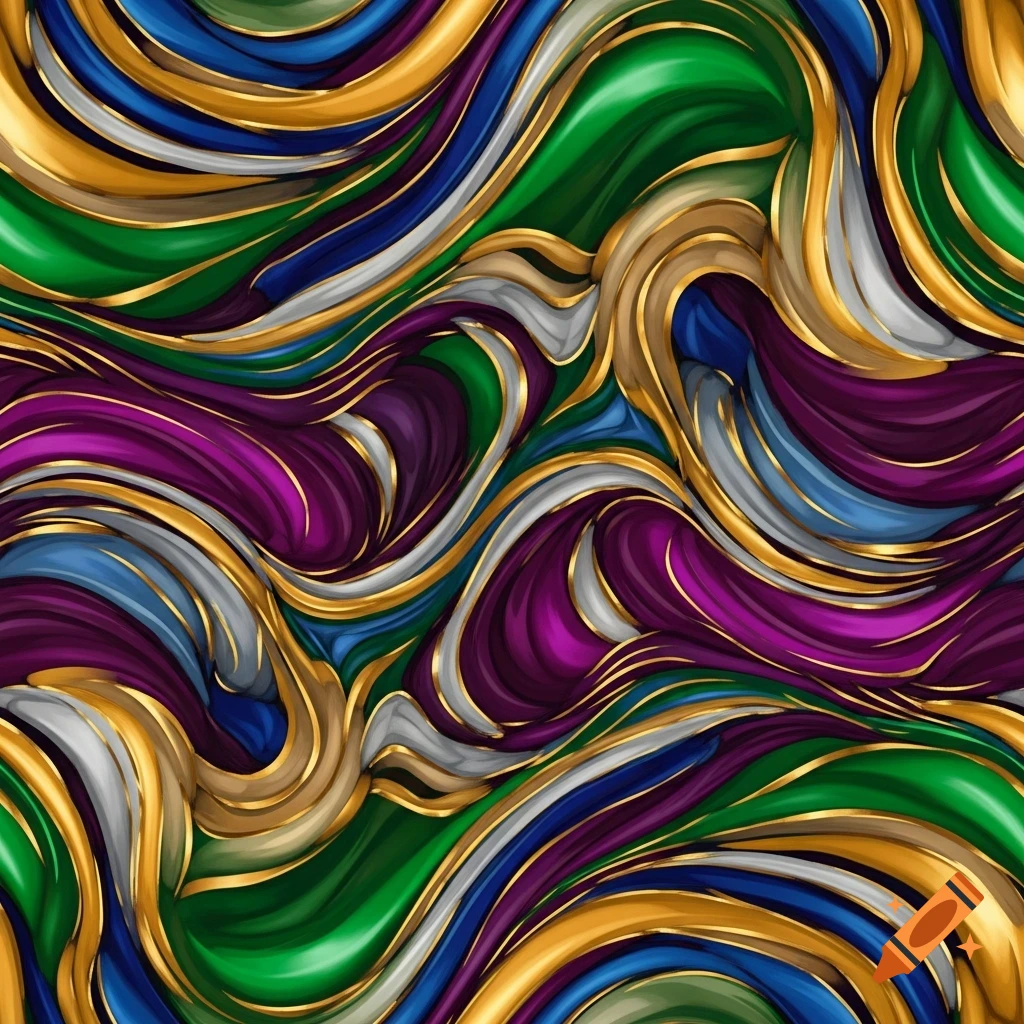 Vibrant abstract pattern of swirling, wavy ribbons in green, blue, purple, and grey, intertwined with shimmering gold lines.