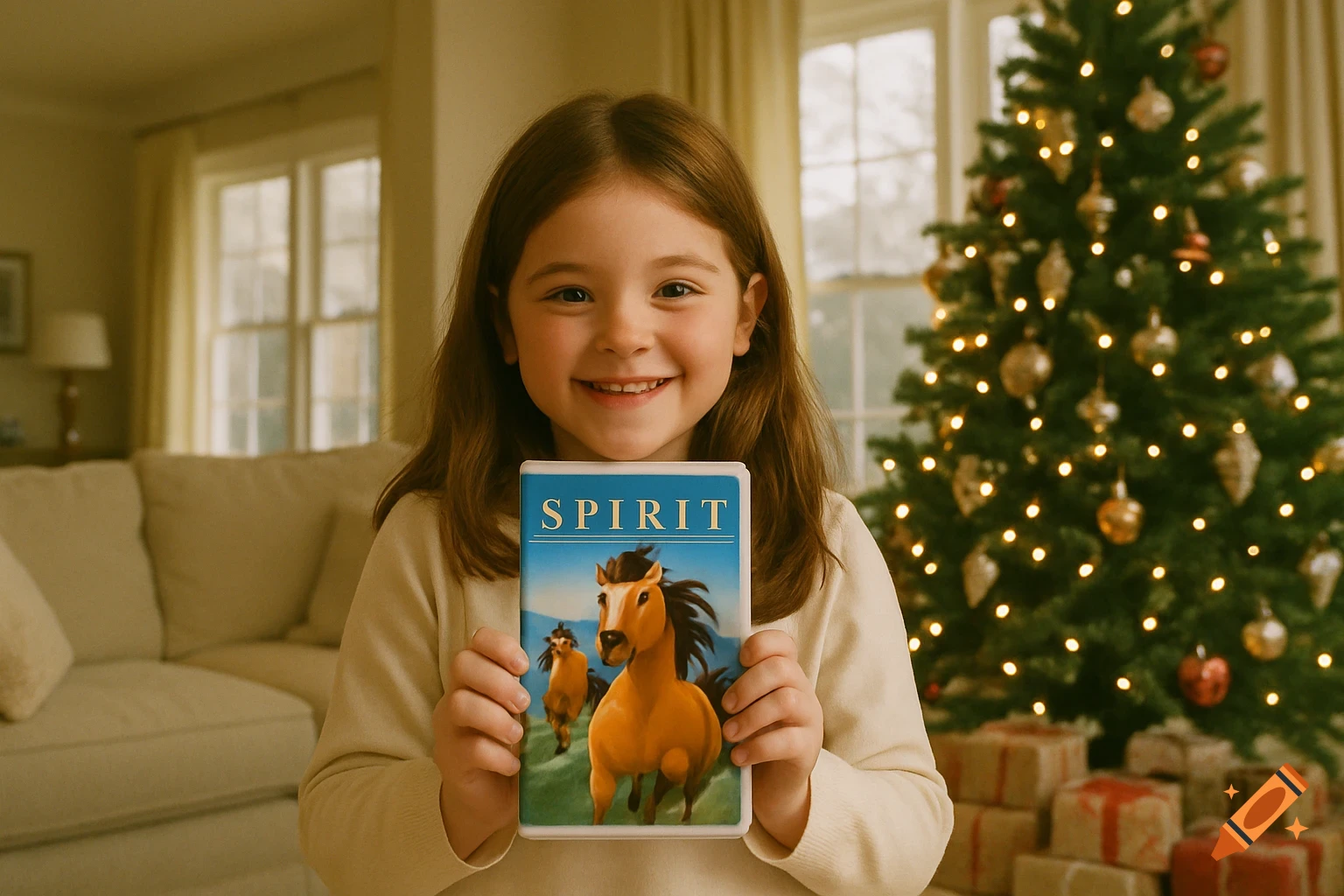 An adorable young girl with brown hair smiling and holding a 'Spirit' movie case in a Christmas-decorated living room.