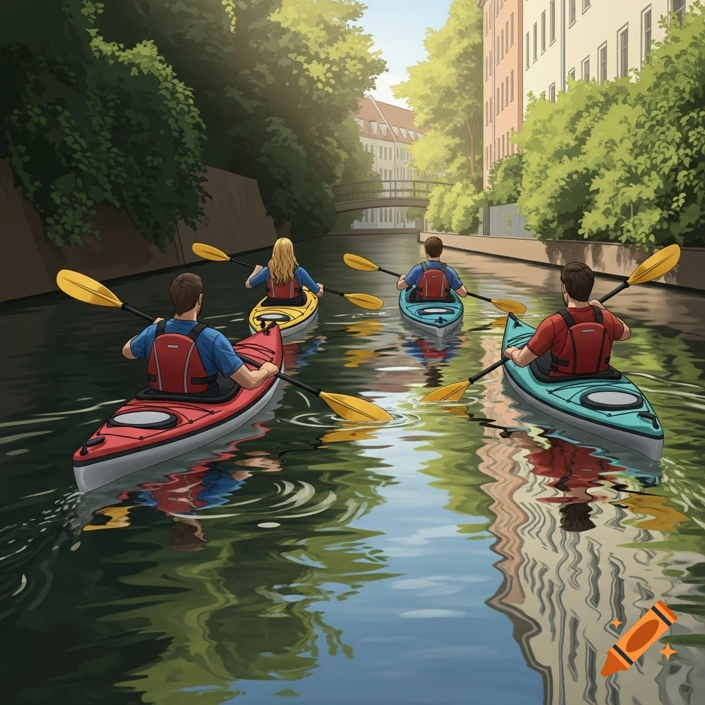 Illustration of four people kayaking down a city canal lined with trees and buildings, seen from behind.