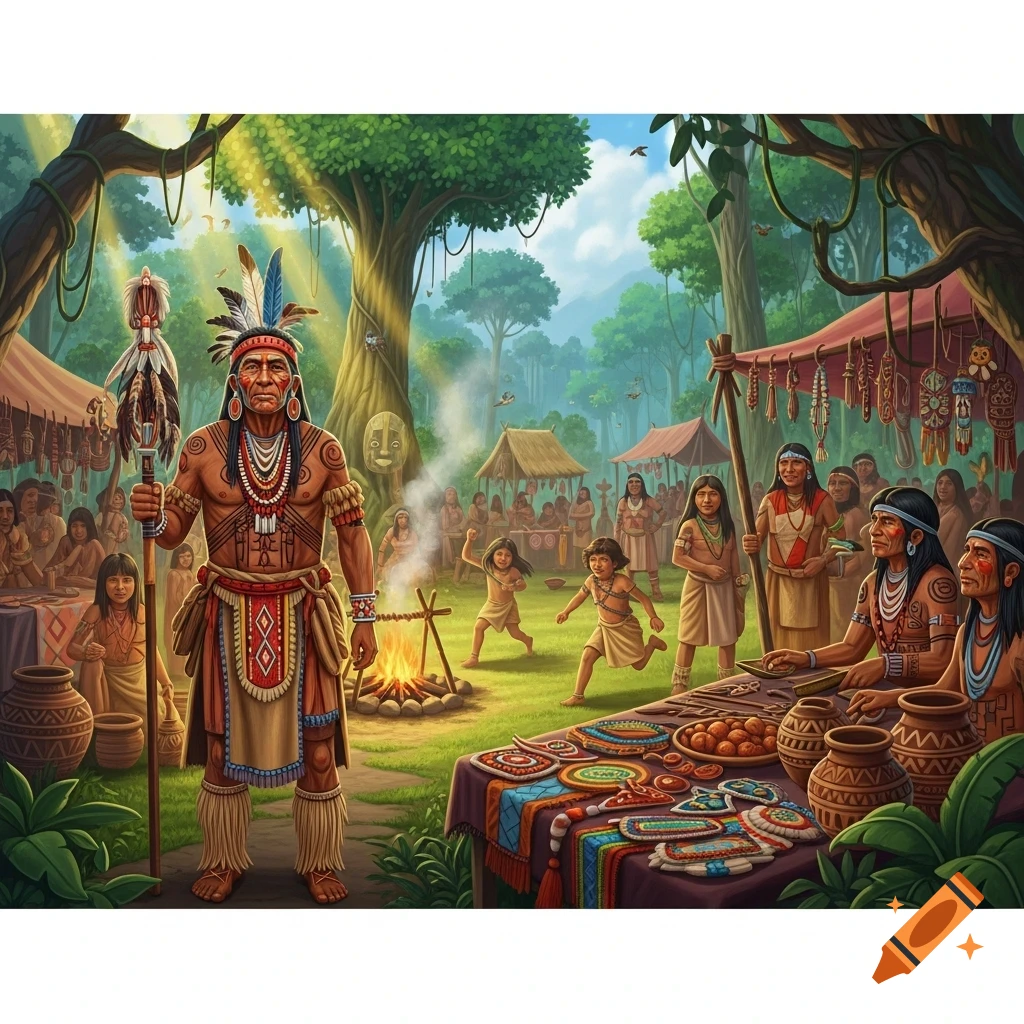 Vibrant illustration of an indigenous community in a lush jungle market, featuring a chief with a staff, children playing, and vendors selling crafts.