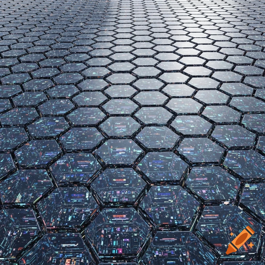A close-up of a futuristic hexagonal grid with reflective transparent cells showing colorful digital patterns.