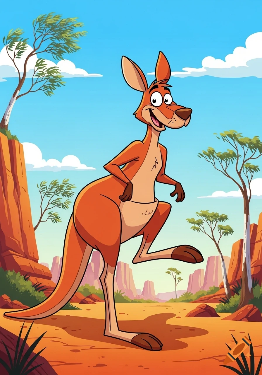 A smiling, cartoon red kangaroo stands on one leg in a desert landscape with mesas and sparse trees under a blue sky.