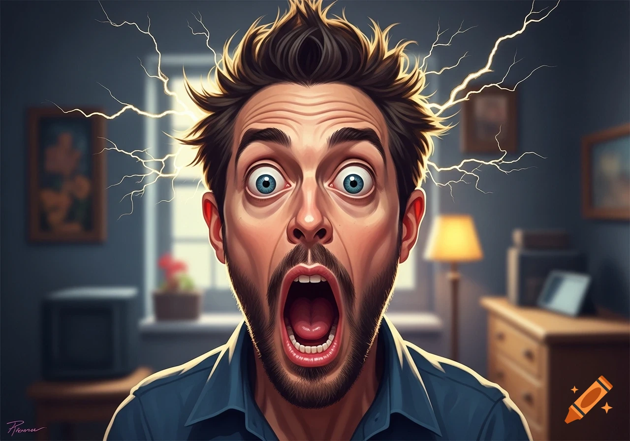 A cartoon man with wide blue eyes and an open mouth screams in shock, with lightning radiating from his spiky hair in a stylized room.