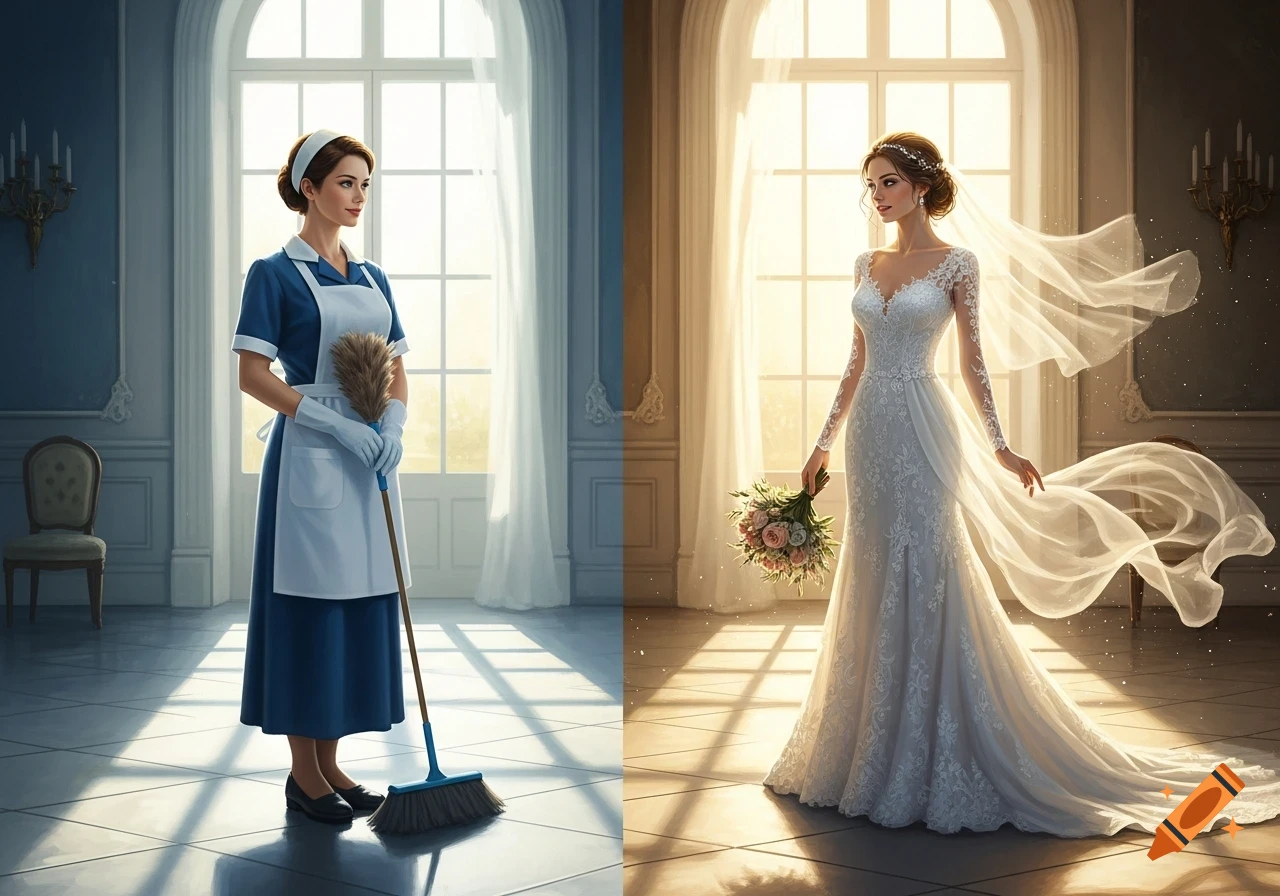 Photorealistic split image of a woman in a maid uniform with a broom, and a woman in a white wedding dress holding a bouquet.