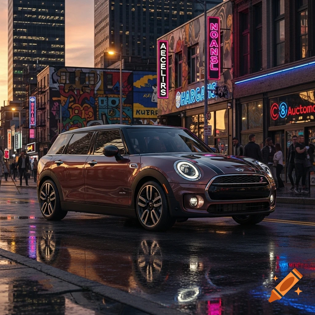 A dark red Mini Clubman is parked on a wet city street at dusk, surrounded by illuminated buildings and neon signs reflecting on the pavement.