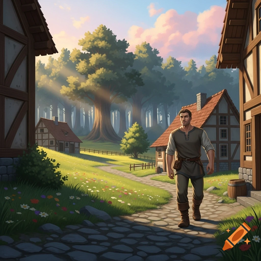 A man in medieval attire walks on a cobblestone path through a sunny, illustrated village with houses and a forest.