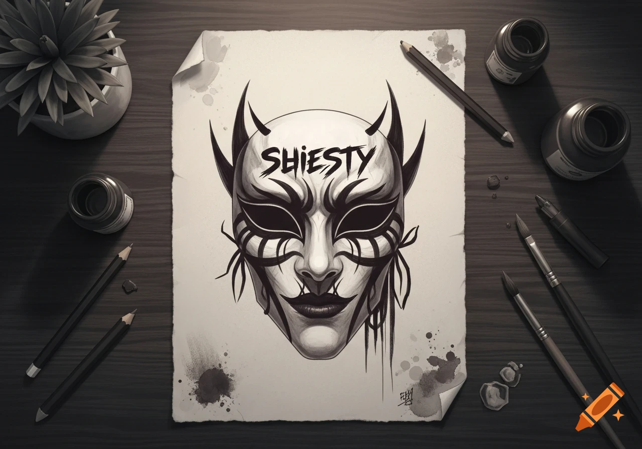 Black and white drawing of a horned mask with 'SHIESTY' on the forehead, on paper surrounded by art supplies.