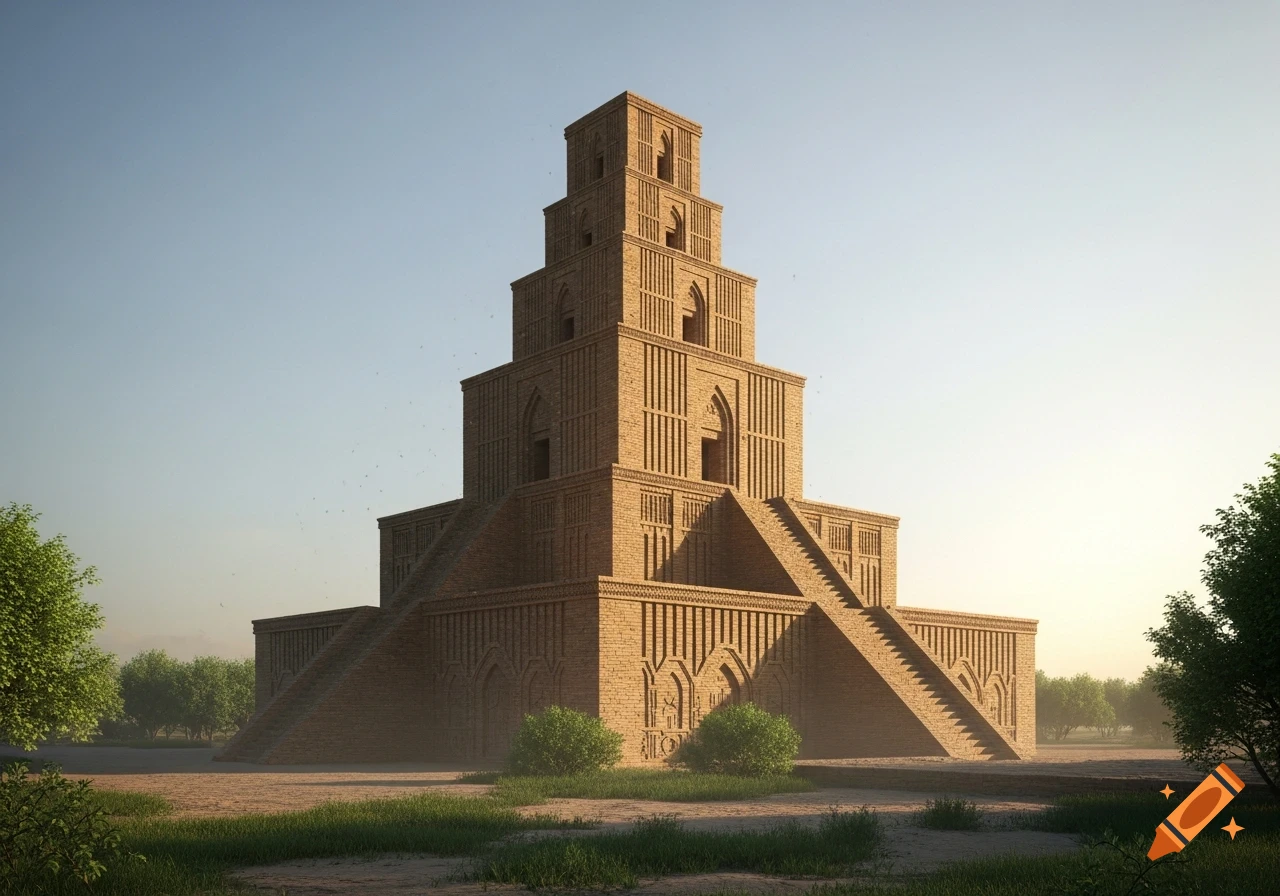 A majestic multi-tiered brick ziggurat stands in a grassy field under a clear sky with scattered trees.