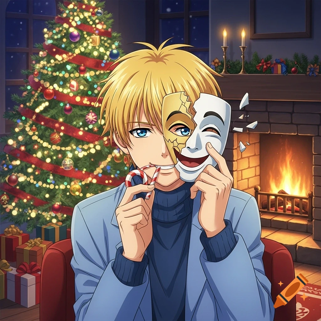 Anime male character with blonde hair and blue eyes, holding a broken comedy mask and a candy cane, in a Christmas setting with a tree and fireplace.