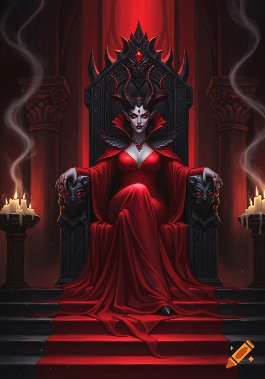 A demon queen with horns and red eyes sits on a gothic black throne, draped in a flowing red gown within a dark, red-lit chamber.