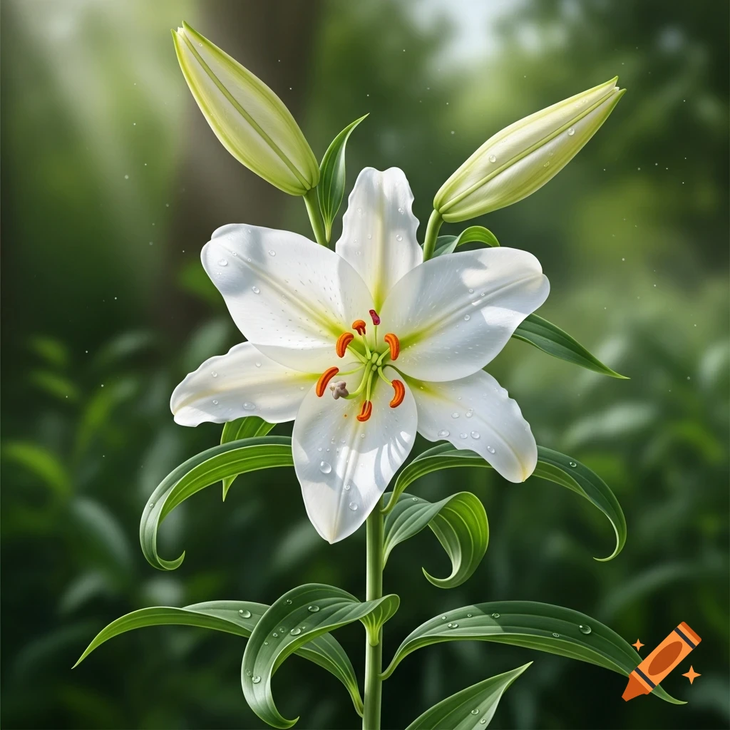 A vibrant white lily flower with two buds and green leaves, covered in dewdrops, against a soft green bokeh background.