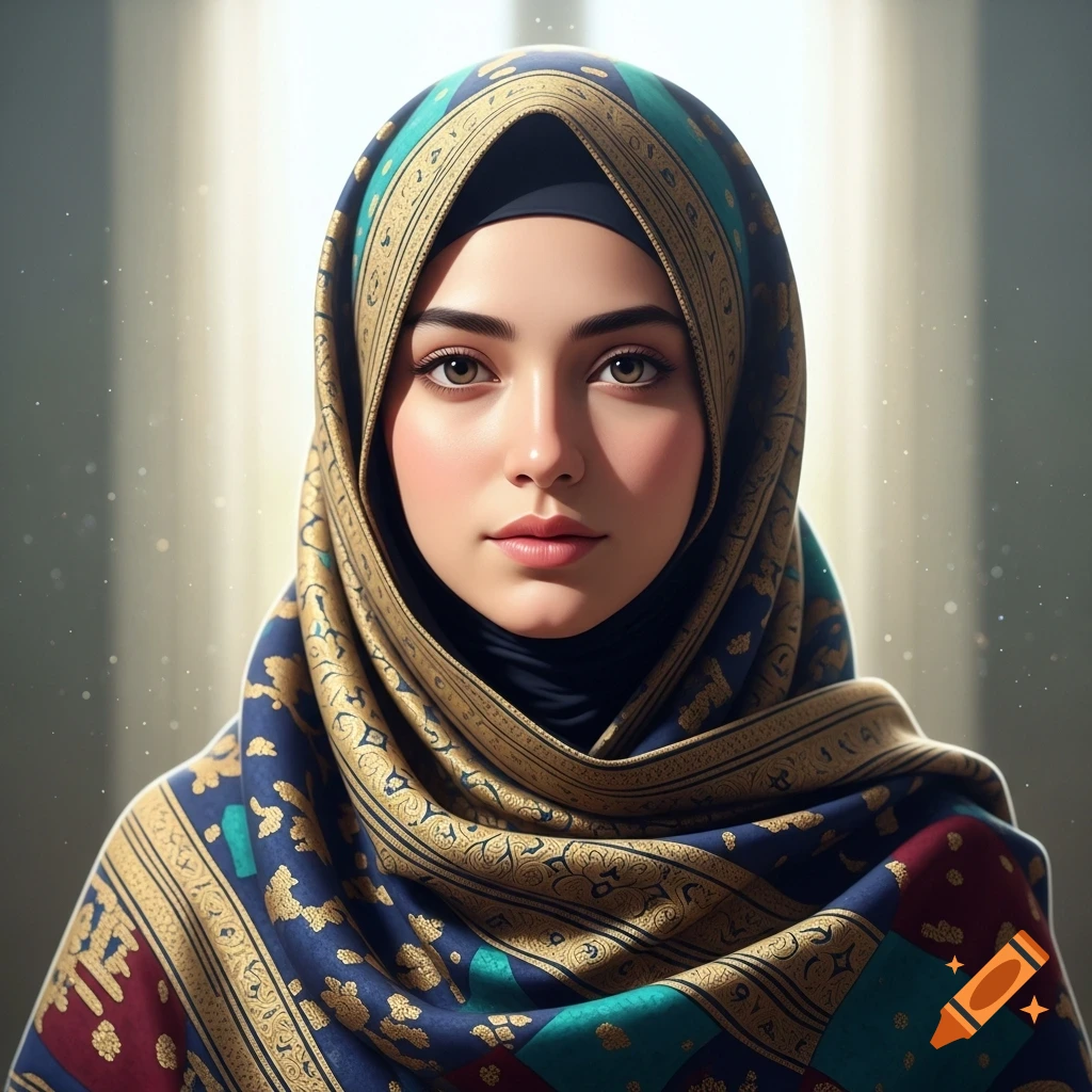 A close-up photorealistic portrait of a young woman wearing a beautifully patterned blue, gold, and red hijab.