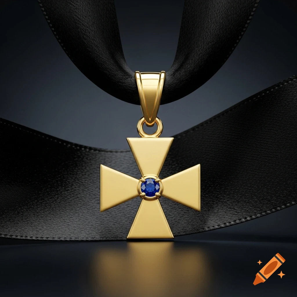 A gold Maltese cross pendant with a central blue sapphire hangs from a black ribbon on a dark background, photorealistic.